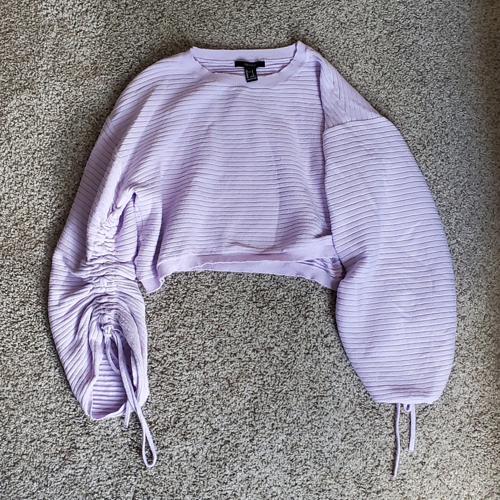 Forever 21 Lavender Cropped Ruched-Sleeve Sweatshirt